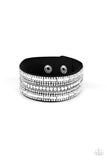 " Rebel Radiance" Black LEATHER White/Clear Rhinestone Snap Band Bracelet