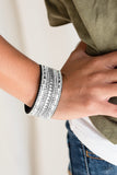 " Rebel Radiance" Black LEATHER White/Clear Rhinestone Snap Band Bracelet