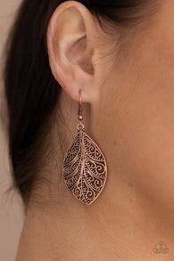 "One Vine Day" Copper Metal Scroll Work Design Leaf Earrings