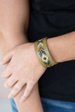 " Cliff Glyphs " Tan Leather & Multi Color Embossed Accent Snap Bracelet