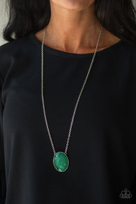 Paparazzi "Intensely illuminated" Silver Metal & Large Faceted Green Stone Necklace Set