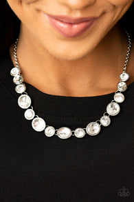 "Girls Gotta Glow" Silver Metal White/Clear Oval/Round Rhinestone Necklace Set