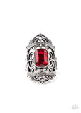 Paparazzi "Undefinable Dazzle" Silver Metal Red Rhinestone Royality Elastic Back Ring