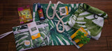 6pc Palm Fronds/Leaf's Beach Tote Package -Towel-Towel Clips-Tan Lotion-Swimsuit bag-Hair Elastics