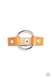 Paparazzi " Rustic Rodeo " Yellow LEATHER & Silver Ringed Snap Bracelet