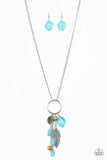 Paparazzi "Sky High Style" Silver Metal Blue and Brown Bead & Feather Accent Necklace Set