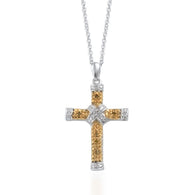 Platinum over Sterling Silver Yellow and White Diamond Cross Pendant with 18" Chain