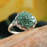 Platinum Sterling Silver EMERALD & Diamond Accent Cluster Ring (Size 7 Only)