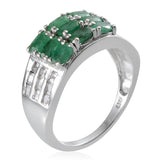 Platinum Sterling Silver EMERALD & WHITE TOPAZ 3 Row Ring (Size 7 Only)