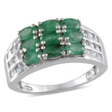 Platinum Sterling Silver EMERALD & WHITE TOPAZ 3 Row Ring (Size 7 Only)