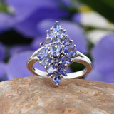 Platinum over Sterling Silver Cluster Style TANZANITE Ring (Size 6 Only)