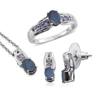 Platinum over Sterling Silver Boulder Opal and Tanzanite Ring, Pendant, Earrings Set with Chain