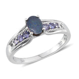 Platinum over Sterling Silver Boulder Opal and Tanzanite Ring, Pendant, Earrings Set with Chain