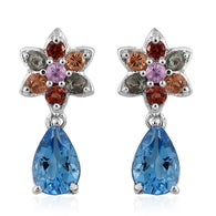 Platinum Sterling Silver Swiss Blue Topaz & Multi Sapphire Drop Post Earrings