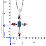 Platinum over Sterling Silver Garnet and London Blue Topaz Cross Pendant and 20" Chain