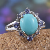 Platinum Sterling Silver Sonoran Blue Turquoise & Tanzanite & Zircon Ring Size 7.25