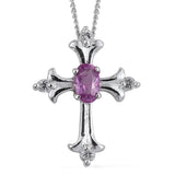 Platinum over Sterling Silver Pink  SAPPHIRE and White Topaz Cross Pendant and 20" Chain