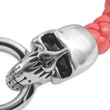 Stainless Steel Red Braided Faux Leather Skull Bracelet (7.50 in)