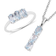 Sterling Silver Sky Blue Topaz Ring and Pendant Set with Chain