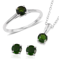 Platinum over Sterling Silver Russian Chrome Diopside Ring, Pendant, Earrings Set with Chain