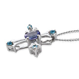 Platinum over Sterling Silver AAA Tanzanite and Neon Apatite Cross Pendant and 20" Chain