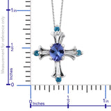 Platinum over Sterling Silver AAA Tanzanite and Neon Apatite Cross Pendant and 20" Chain