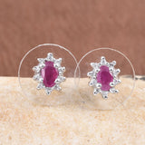 Platinum over Sterling Silver Burmese RUBY and White Zircon Stud Earrings