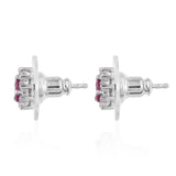 Platinum over Sterling Silver Burmese RUBY and White Zircon Stud Earrings