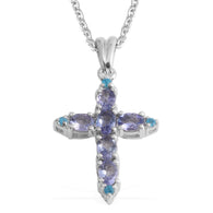 Platinum over Sterling Silver Tanzanite and Neon Apatite Cross Pendant and 20" Chain