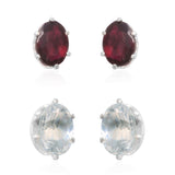 Set of 2 Sterling Silver Indian GARNET Studs & WHITE TOPAZ Stud Earrings