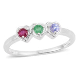 Sterling Silver RUBY , EMERALD and TANZANITE 3 Heart Trilogy Ring