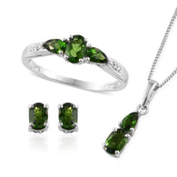 Platinum over Sterling Silver Russian Chrome Diopside Ring, Pendant, Earrings Set with Chain