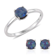 Platinum over Sterling Silver Boulder Opal Solitaire Ring and Earring Set