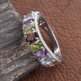 Platinum Bonded Brass MULTI GEMSTONE Ring With Leaf Details (Size 5 Only)