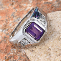 Stainless Steel 2.35 ct African AMETHYST & White TOPAZ Men's Ring (Size 13)