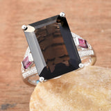 Platinum Sterling Silver SMOKY QUARTZ, GARNET & ZIRCON Ring (Size 8 Only)