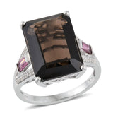 Platinum Sterling Silver SMOKY QUARTZ, GARNET & ZIRCON Ring (Size 8 Only)