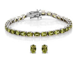 Platinum Sterling Silver Peridot Stud Earrings & Line Tennis Bracelet (7.50 in) Set