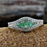 Platinum Sterling Silver 3 Stone EMERALD and White ZIRCON Ring (Only Size 6)