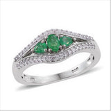 Platinum Sterling Silver 3 Stone EMERALD and White ZIRCON Ring (Only Size 6)