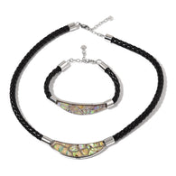 Stainless Steel Braided Woven Genuine Leather with Abalone Shell Necklace and Bracelet Set