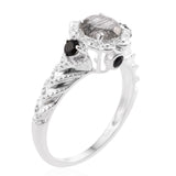 Sterling Silver Tourmalinated Quartz & Thai Black Spinel Halo Ring (size 5)