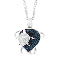 Blue Rhodium & Sterling Silver Mother/Baby Turtle Pendant with Blue Diamond Accent- 20" Chain