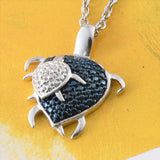 Blue Rhodium & Sterling Silver Mother/Baby Turtle Pendant with Blue Diamond Accent- 20" Chain