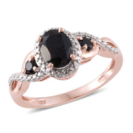 14K Rose Gold Sterling Silver 3 Stone Thai Black Spinel Halo Ring (Only Size 5)