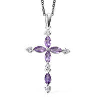 Sterling Silver Marquee Cut AMETHYST & ZIRCON Cross Pendant & 20" Chain