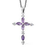 Sterling Silver Marquee Cut AMETHYST & ZIRCON Cross Pendant & 20" Chain