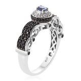 Platinum/Sterling Silver Ceylon SAPPHIRE & Black SPINEL Royal Setting Halo Ring (size 6)