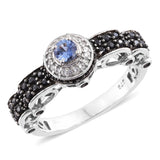 Platinum/Sterling Silver Ceylon SAPPHIRE & Black SPINEL Royal Setting Halo Ring (size 6)