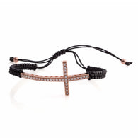 14K Rose Gold/Sterling Silver White CZ Cross Corded Bracelet